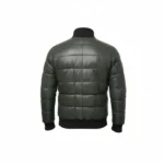 Mens Dark Green Bomber Leather Puffer Jacket - Image 2