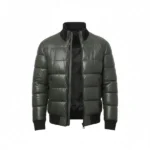 Mens Dark Green Bomber Leather Puffer Jacket