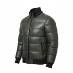 Mens Dark Green Bomber Leather Puffer Jacket - Image 4