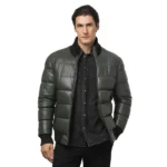 Mens Dark Green Bomber Leather Puffer Jacket - Image 3
