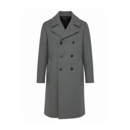 Mens Grey Double Breasted Wool Coat Front