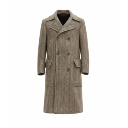 Mens Light Brown Double Breasted Wool Coat Front
