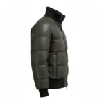 Mens Olive Green Bomber Leather Puffer Jacket - Image 2