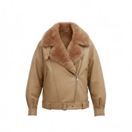 Tan Faux Fur Leather Jacket Front