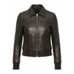 Women Black Bomber Leather Jacket Front
