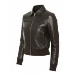 Women Black Bomber Leather Jacket Left