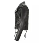 Women Black Leather Biker Jacket with Side Lacing - Image 3