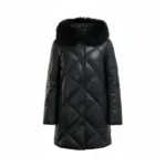 Women Black Leather Coat With Black Fur Hood Front