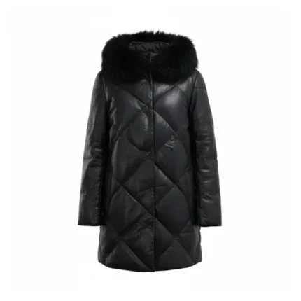 Women Black Leather Coat With Black Fur Hood Front