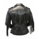 Women Black Leather Short Fringe Jacket - Image 2
