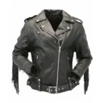 Women Black Leather Short Fringe Jacket