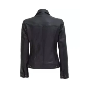 Women Black Leather Trucker Jacket Back