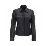 Women Black Leather Trucker Jacket Front