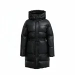 Women Black Long Puffer Coat with Hood Front