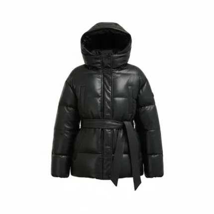 Women Black Longline Puffer Jacket with Hood Front