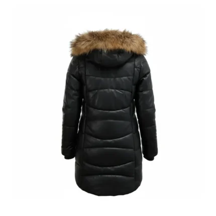 Women Black Puffer Coat with Fur Hood Back