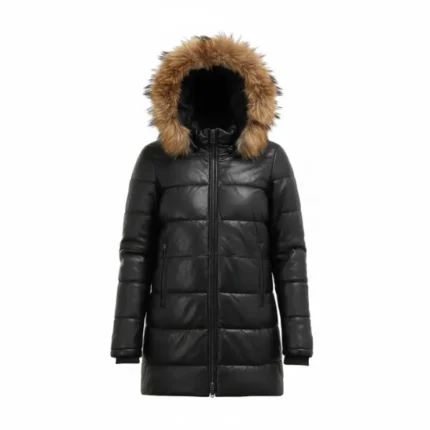 Women Black Puffer Coat with Fur Hood Front