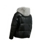Women Black Puffer Jacket with Faux Fur Hood Back
