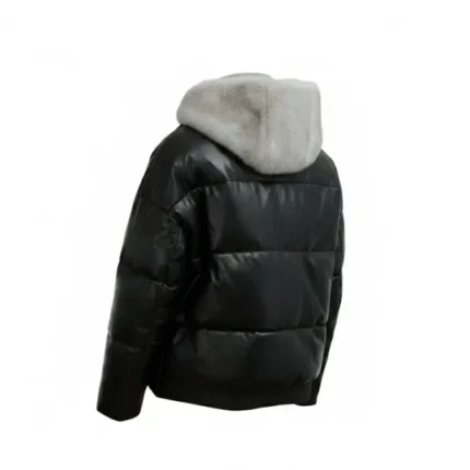 Women Black Puffer Jacket with Faux Fur Hood Back