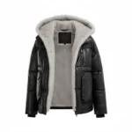 Women Black Puffer Jacket with Faux Fur Hood Front Open