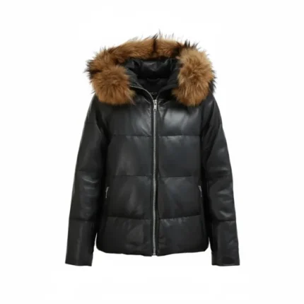 Women Black Puffer Jacket with Fur Hood Front