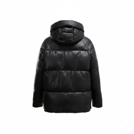 Women Black Puffer Jacket with Hood Back