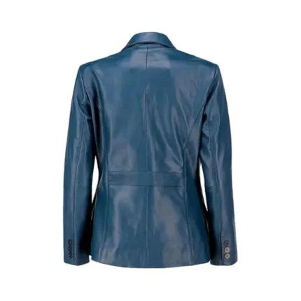 Women Blue Leather Blazer Back