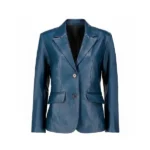 Women Blue Leather Blazer Front