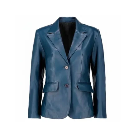 Women Blue Leather Blazer Front