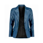 Women Blue Leather Blazer Front Open