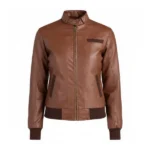 Women Brown Bomber Leather Jacket Front