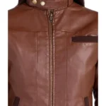 Women Brown Bomber Leather Jacket Zip