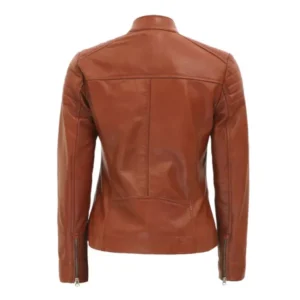 Women Brown Cafe Racer Leather Jacket Back