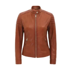 Women Brown Cafe Racer Leather Jacket Front