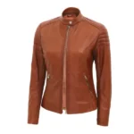 Women Brown Cafe Racer Leather Jacket Right