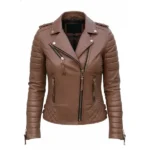 Women Brown Leather Biker Jacket Front
