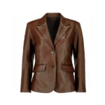 Women Brown Leather Blazer Front
