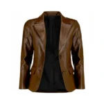 Women Brown Leather Blazer Front Open