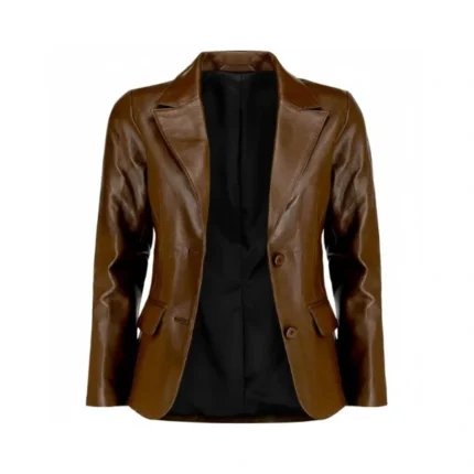 Women Brown Leather Blazer Front Open