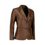 Women Brown Leather Blazer Left