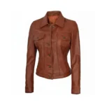 Women Brown Leather Trucker Jacket Front
