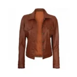 Women Brown Leather Trucker Jacket Front Open