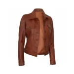 Women Brown Leather Trucker Jacket Right