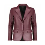 Women Burgundy Leather Blazer Front