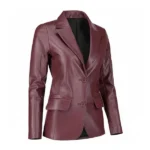 Women Burgundy Leather Blazer Left