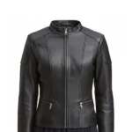 Women Casual Black Cafe Racer Leather Jacket Front