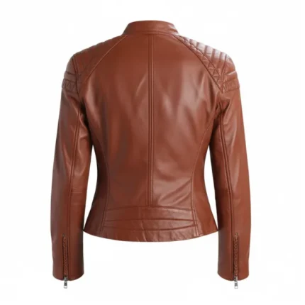Women Cognac Cafe Racer Leather Jacket Back