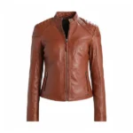Women Cognac Cafe Racer Leather Jacket Front