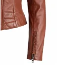 Women Cognac Cafe Racer Leather Jacket Sleeves
