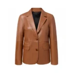Women Cognac Leather Blazer Front